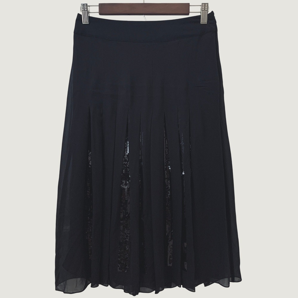 Kenneth Cole Reaction Silk Pleated Sequin Skirt Women's Size 4 Black Midi Lined